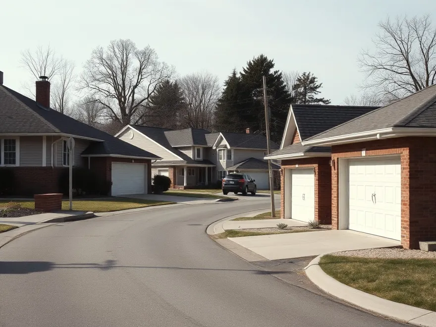 Street of post war houses with attached garages